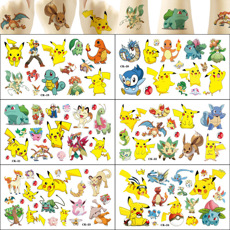 2024 Nowe naklejki z tatuażami Pokemon Pikachu Tymczasowe tatuaże dla dzieci Materiały urodzinowe Śliczne naklejki z tatuażami Dekoracja