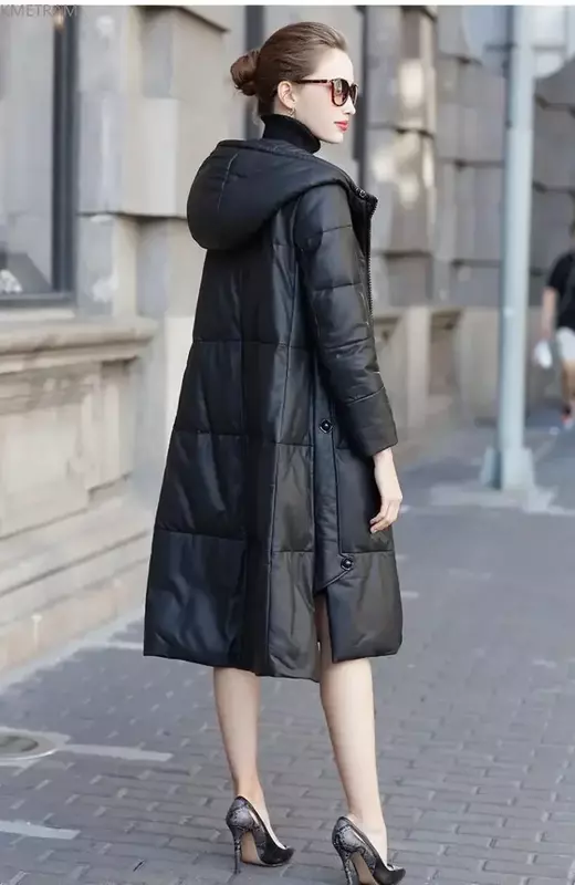 Jaqueta de pele de carneiro real feminina, com capuz solto, casacos longos, linha A, casual, genuína, inverno