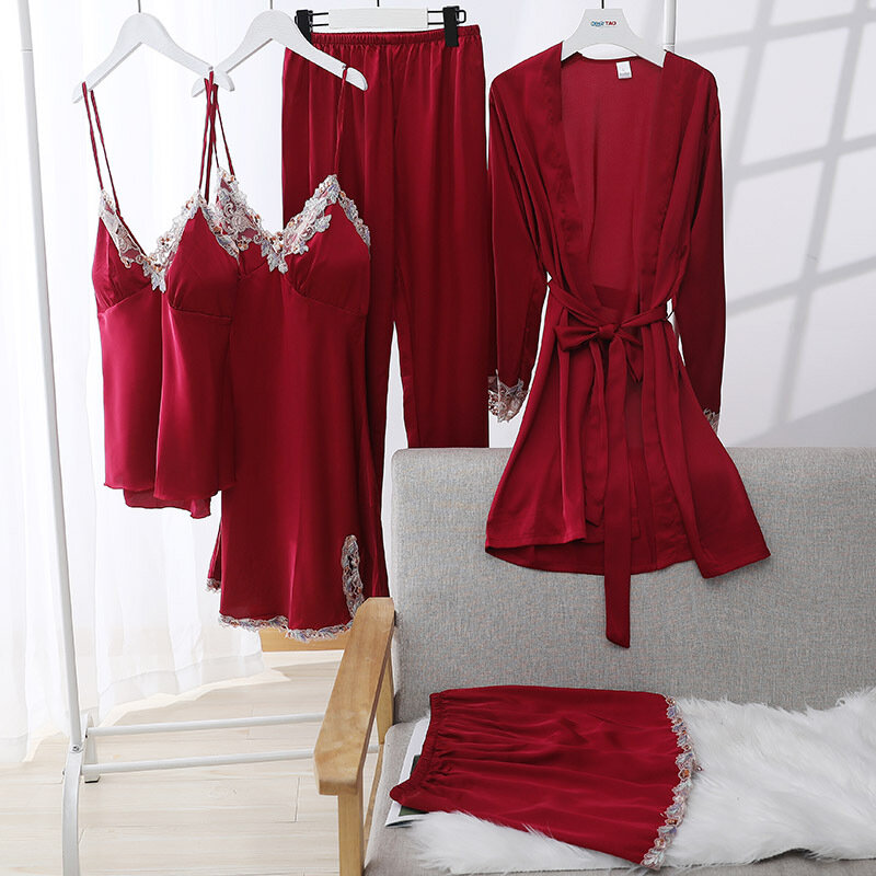 Conjunto de pijama feminino com suspensão fina, pijama com borda renda, conjunto de cinco peças, top end, sexy, primavera e outono, novo, 2022