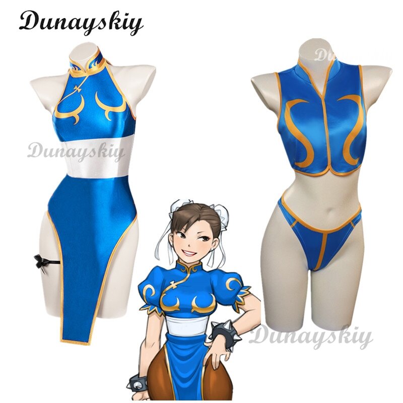 Chun Li sukienka Cosplay kostium gry SF 6 do odgrywania ról niebieski strój Qipao pełny zestaw kombinezon Kungfu Halloween przebranie kostium imprezowy