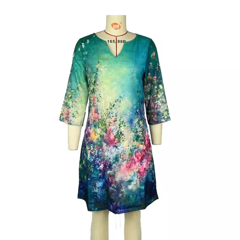 여성용 V넥 반팔 A라인 롱 드레스, 무릎 길이 빈티지 셔츠, 얇고 딱 맞는 대형 드레스, 패션 인쇄, 2023 여름