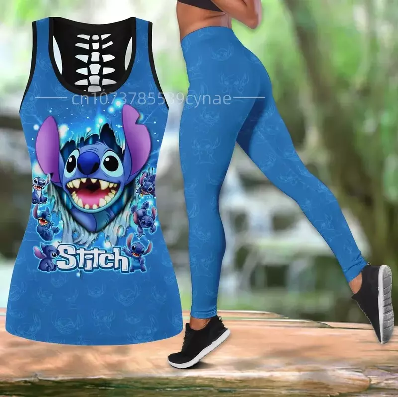 Disney Stitch pakaian Yoga wanita, Tank Top berongga + legging wanita, Legging olahraga, Tank Top, setelan Legging Disney untuk wanita