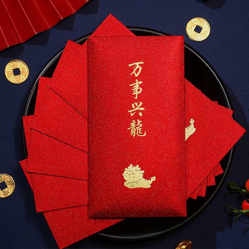 2024 китайский новогодний красный конверт с драконом, 6 шт. блестящих красных конвертов, конверты с китайским драконом для рассылки поздравительных открыток на Луну
