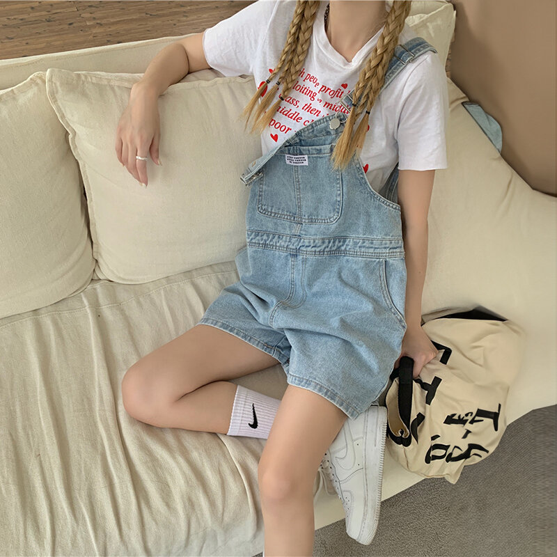 Suspenders For Women Summer Denim Shorts Korean Style Wide Leg Jeans Pants Light Blue High Waisted Baggy Casual Fashion Shorts