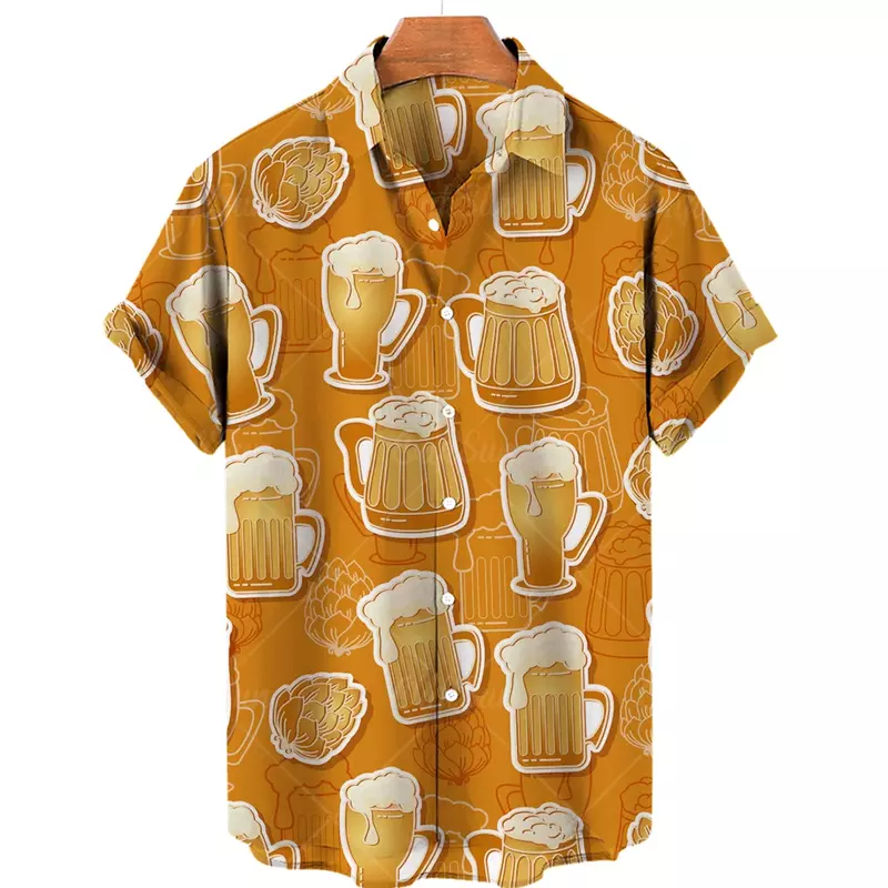 Camisetas de manga corta con estampado 3D de Festival de cerveza para hombre, estilo playero Hawaiano, Tops de un solo pecho con solapa