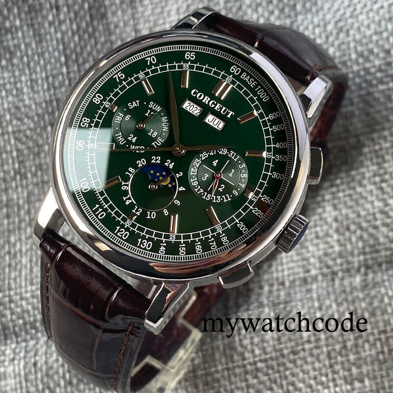 Corgeut-Reloj de pulsera multifuncional ST1655 para hombre, pulsera automática pulida con correa de cuero, color verde, rosa, blanco, negro y azul, 42mm