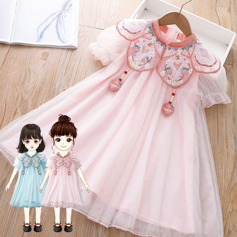 Cheongsam bordado estilo chinês para meninas, linda saia de gaze, ombro nebuloso, vestidos de Qipao tradicionais infantis