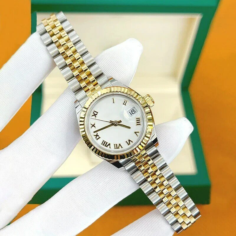 Hot Selling Dames Horloges Rvs Horloges Sport Twee Kleuren Patchwork Diamant Kalender Automatische Mechanische Klok