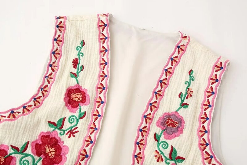 Top de colete curto aberto feminino, camisola de alças retrô sem mangas, top chique, decoração bordada de flores, nova moda, 2024