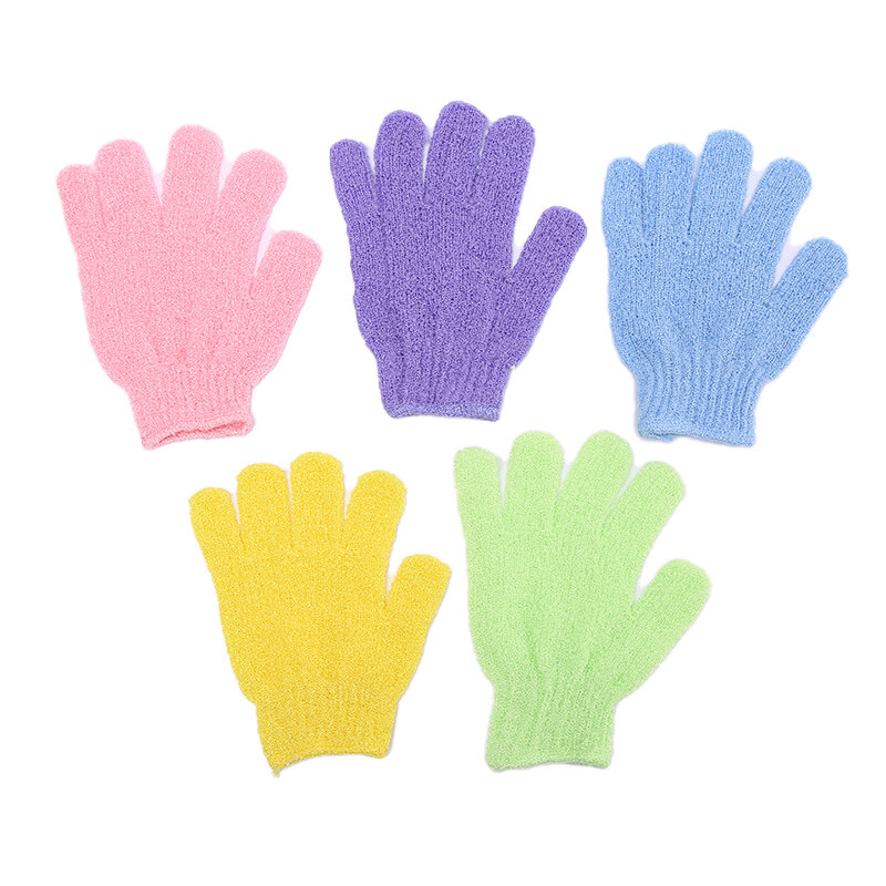 5 buah sarung tangan pengelupasan badan, sikat mandi jari handuk pengelupas badan sarung tangan Scrub badan spons mandi Spa warna acak