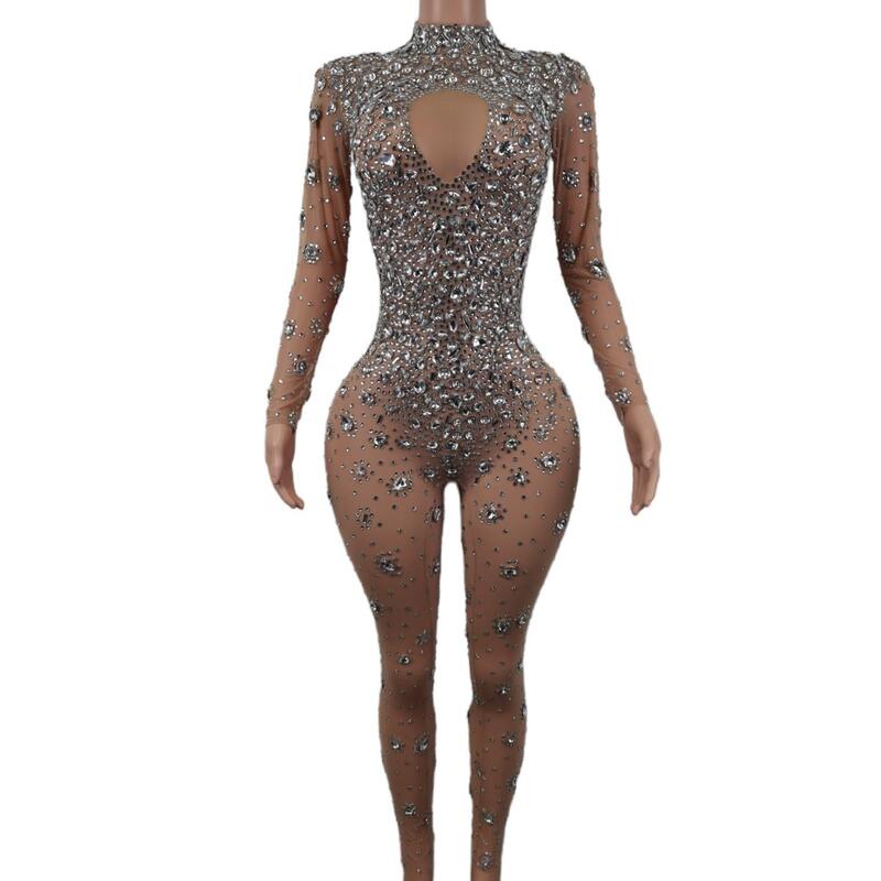 Nieuwe Sprankelende Zilveren Kristallen Bodysuit Vrouwen Jazz Dans Nude Jumpsuit Dj Bar Show Sexy Nachtclub Ds Zangeres Rave Kleding Cuican