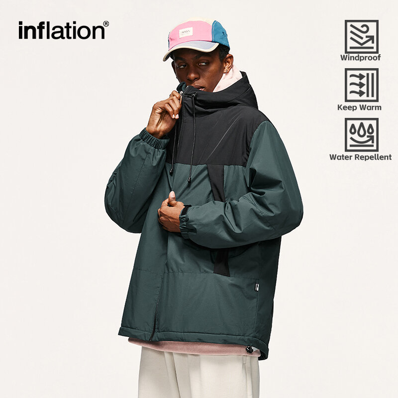 INFLATION Winter Arctic Velvet Inner Parkas Unisex High Neck Windproof Cotton Padded Hooded Jacket Mens Outdoor Coat