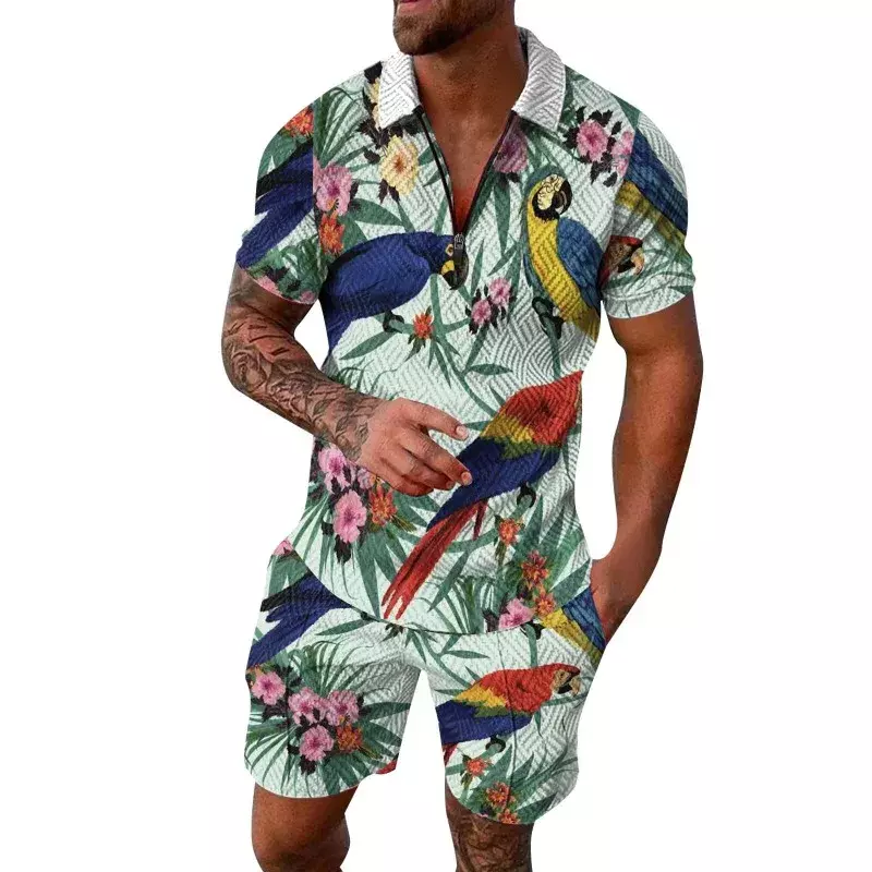 Summer Men's V-neck Hawaiian T-shirt Fashion Printing Lapel POLO Shirt Short Sleeve+shorts Suit Beach Party Leisure Suit