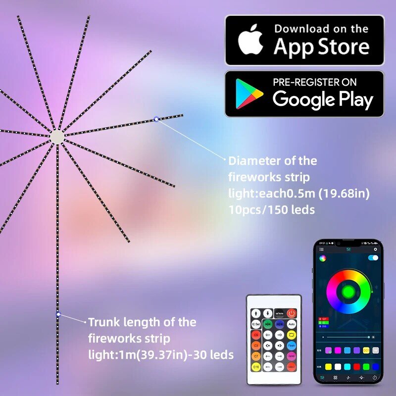 RGB LED Strip Lamp para Natal Room Decor, Fireworks Night Lamp, USB, Dream Meteor, WiFi, App Control, Light Kits