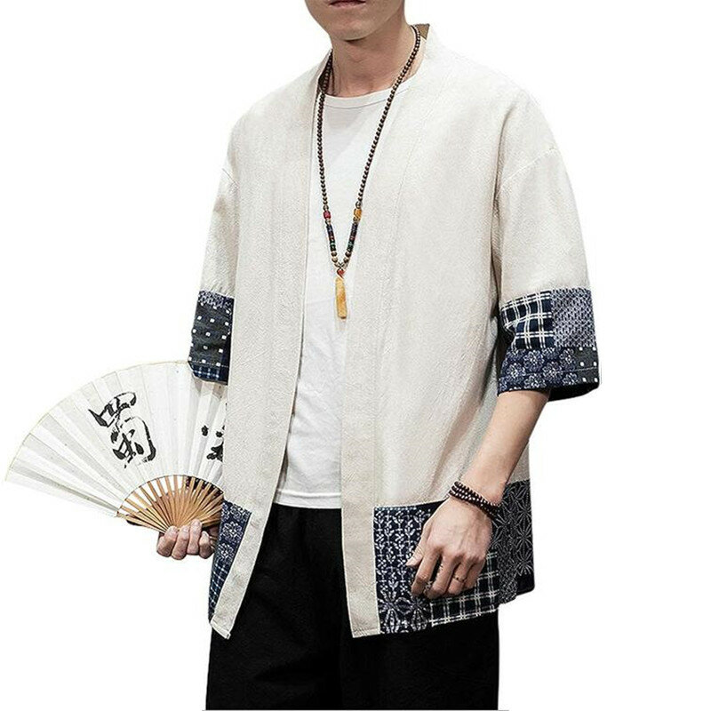 Cardigan Kimono giapponese da uomo in cotone sciolto e lino 3/4 maniche aperte davanti Casual giacche camicia estiva