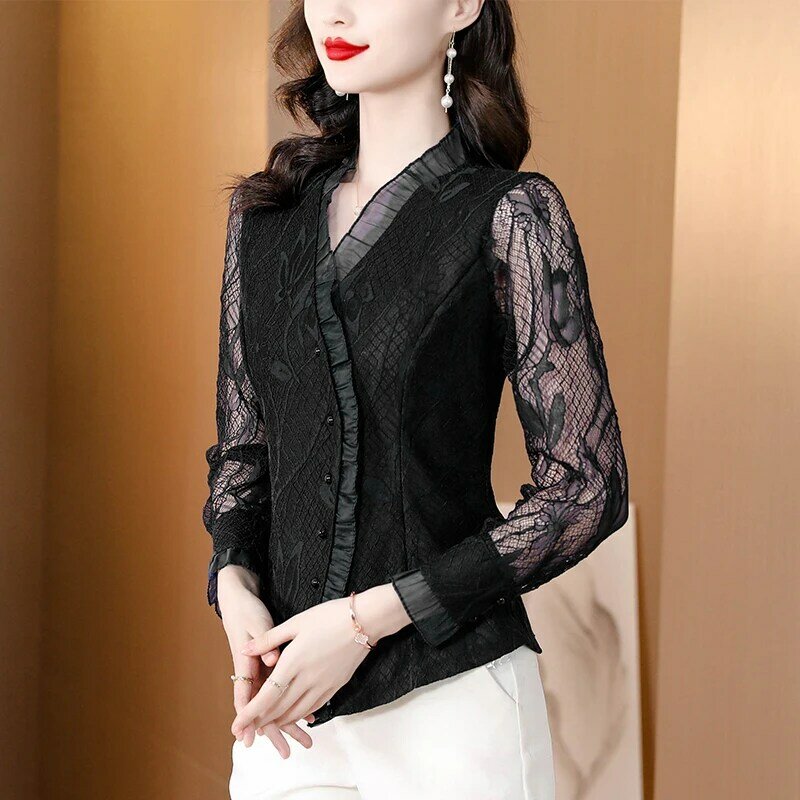 2023 Spring/Summer New Lace Shirt Top V-neck Long Sleeve Shirt Fashionable Style Small Shirt Hollow out Slim Fit Shirt