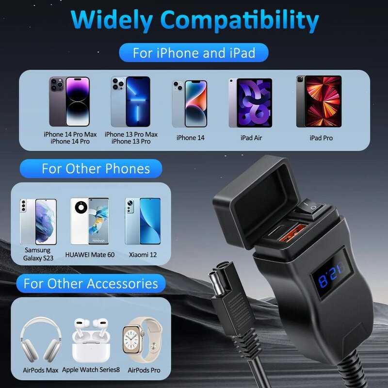 Extractme-Chargeur rapide USB pour moto, étanche, port de type C, connecteur de prise, voltmètre mobile, charge numérique