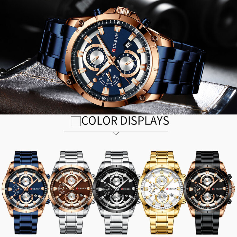 Curren-relógio automático masculino com data de exibição, marca de luxo, negócios, casual, à prova d'água, com caixa