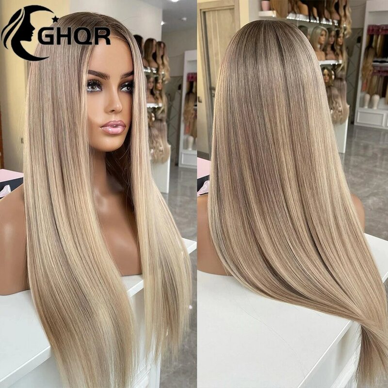 Pelucas de cabello humano 360 para mujer, encaje Frontal completo, transparente, Highligh, recto, marrón, raíces, rubio ceniza, brasileño