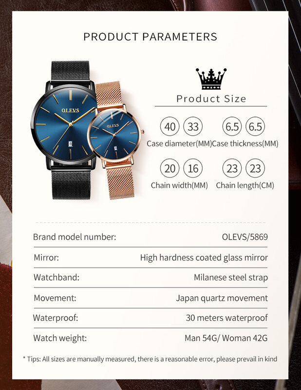 OLEVS-Relógios de quartzo ultra finos para homens e mulheres, malha cinta, impermeável, data automática, relógios de pulso minimalista do amor, 6.5mm, 5869