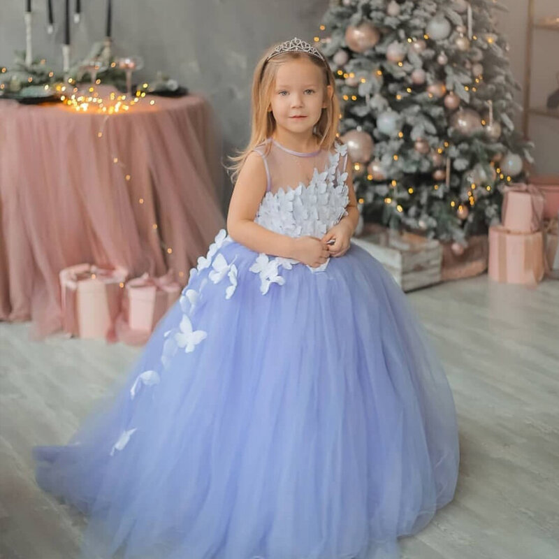 3d Butterfly Flower Girl Dress For Wedding Floor Length Tulle senza maniche Puffy Applique Kids Birthday Party Princess Ball Gowns