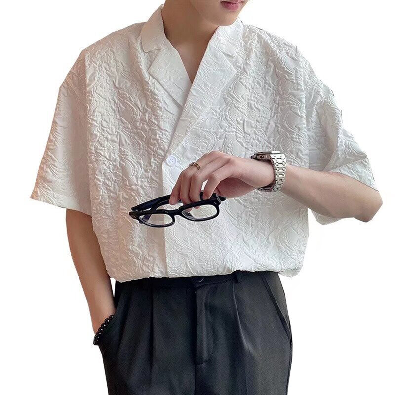 Рубашка мужская с отворотом, Повседневная блуза из полиэстера с рельефным рисунком, однотонная, лето
