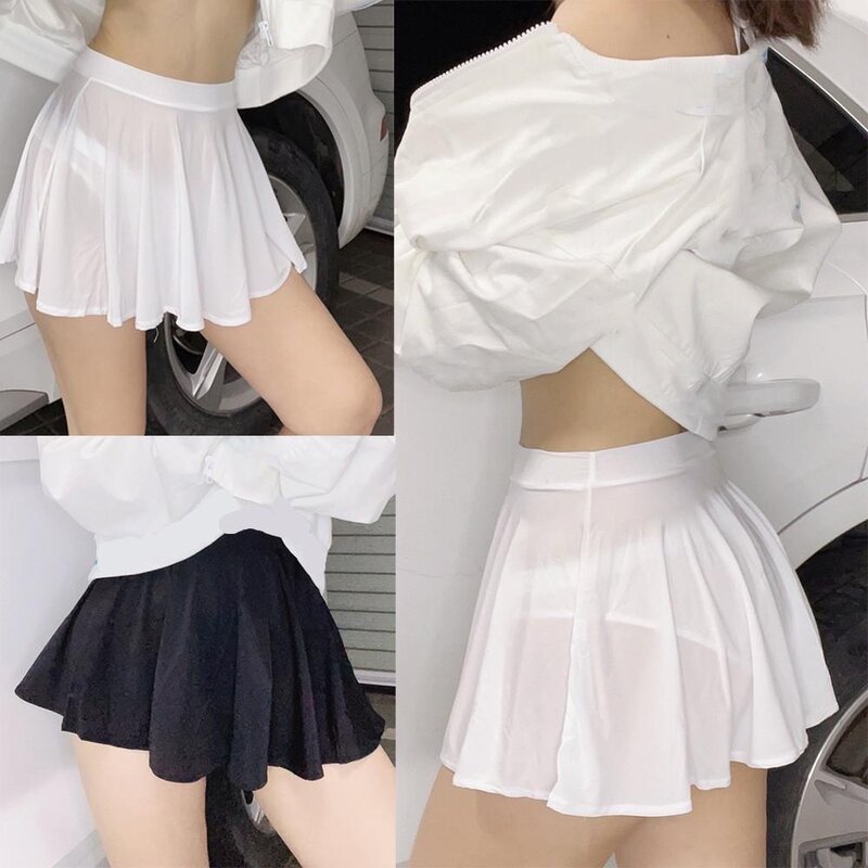 Mini saia plissada transparente sexy para mulheres, preto, branco, cintura baixa, linha A, longa, seda, roupa de clube noturno, festa