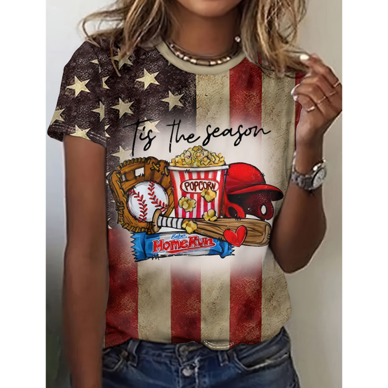 Kaus wanita motif bendera Amerika, Atasan musim panas harian wanita, kaus kasual lengan pendek