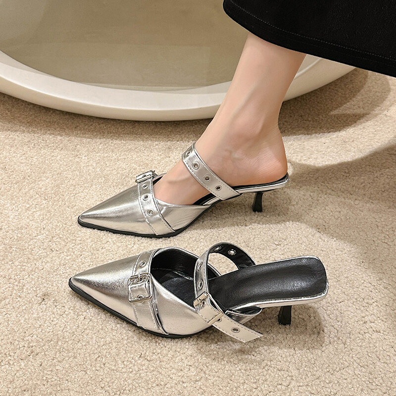 Женские шлепанцы с острым носком, туфли-лодочки на высоком каблуке, однотонные элегантные удобные тапочки, лето 2024