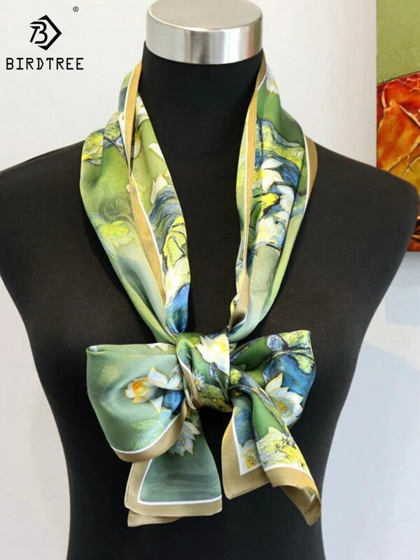 Birdtree 100%Real Silk Double Layer Scarf Retro Oil Painting Versatile Comfortable Temperament Commute Scarf Spring A41170QD