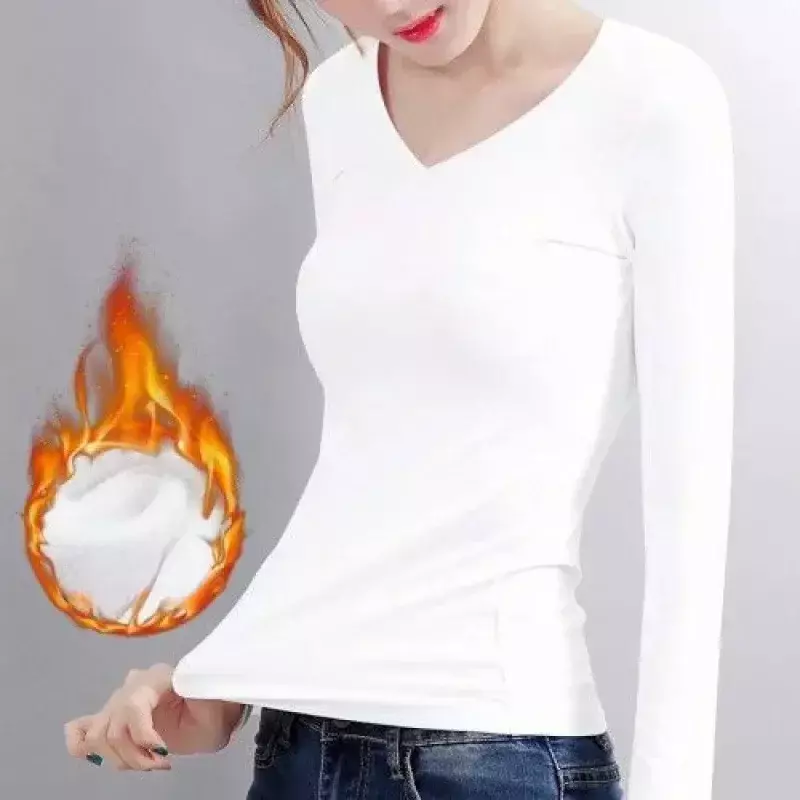 Термостойкая тонкая футболка плюс женская рубашка нагревательный осенне-зимний бархатный топ с длинным рукавом из постоянного волокна