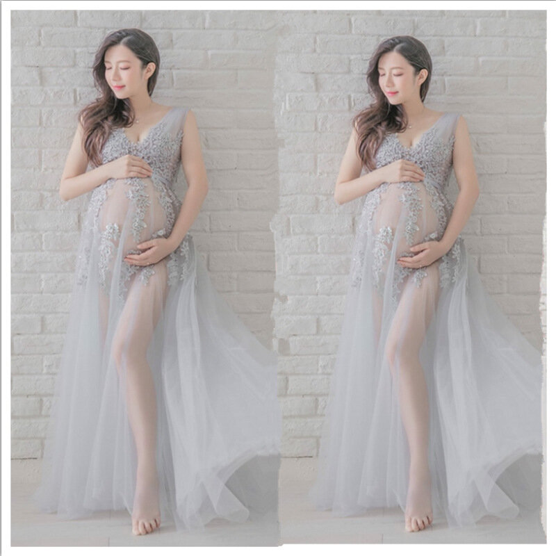 Cinza apliques vestido de gravidez para sessão de fotos floral fotografia maternidade adereços festa formal roupas de casamento vestido de maternidade