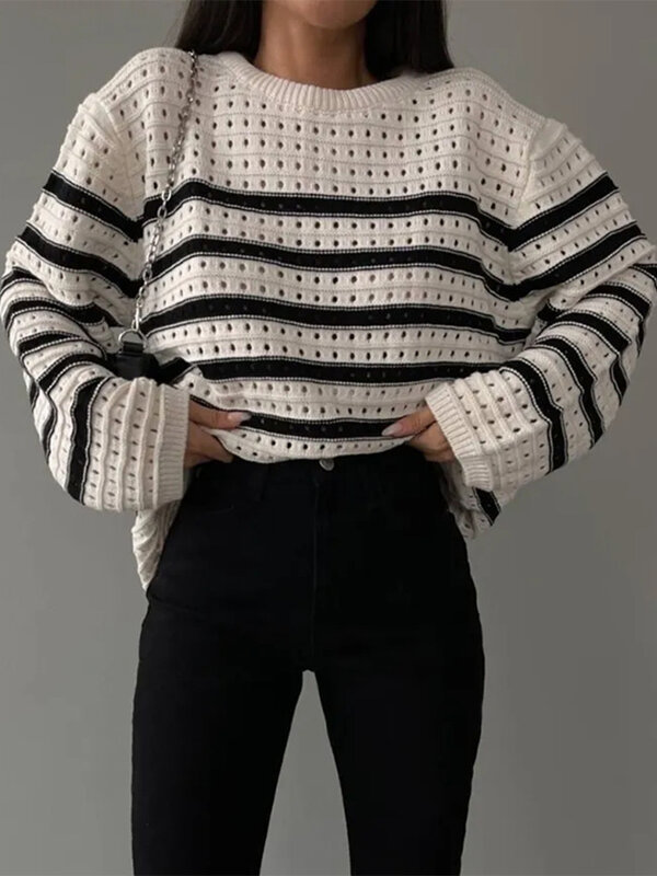 Suéter a rayas Vintage para mujer, Jersey de punto ahuecado, holgado, informal, de manga larga, elegante, a la moda, Otoño e Invierno
