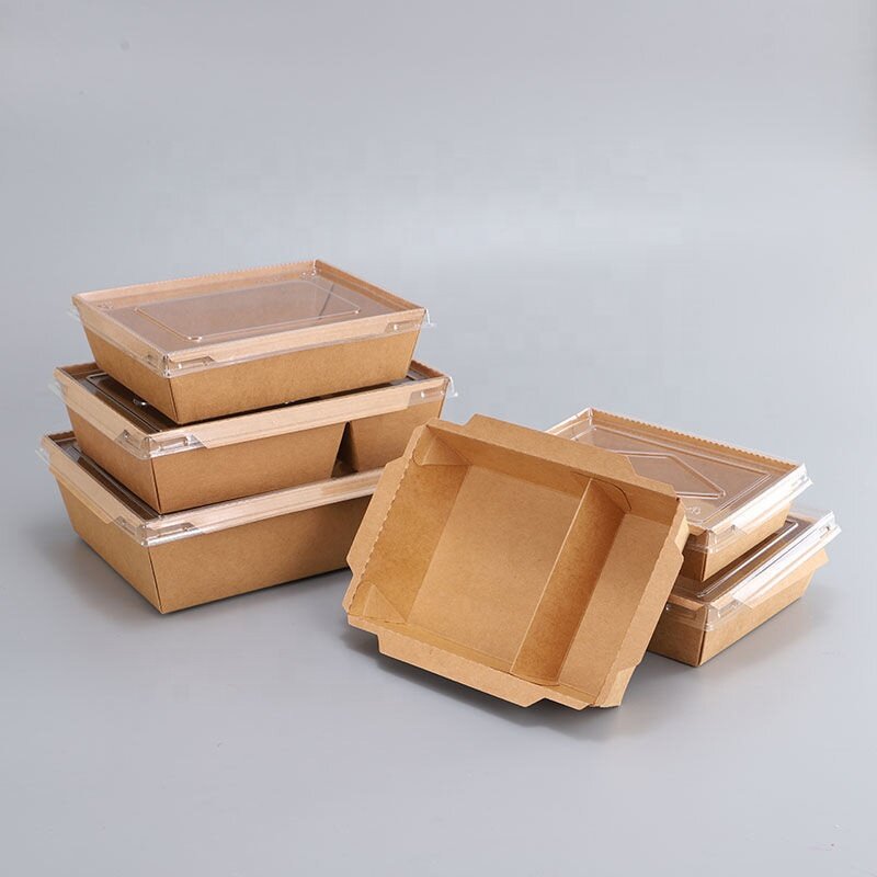 Op Maat Gemaakte Producten Wegwerp Transparante Raam Lunchbox Food Salade Bento Lunch Sandwich Afhaalverpakking Bruin Kraftpapier