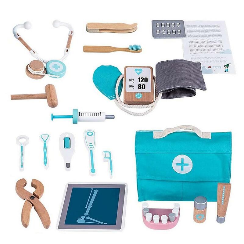 Set da 17 pezzi custodia da dottore in legno per bambini gioco di ruolo Set di giocattoli finti con otoscopio stetoscopio e specchio dentale giocattolo regali per bambini
