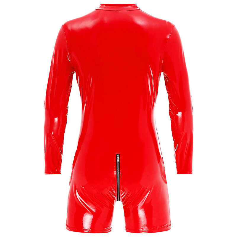 Men Zipper Crotch Neckline Leather Bodysuit Club Dance Performance Wetlook Boxer Shorts Jumpsuit Hommes Clubwear