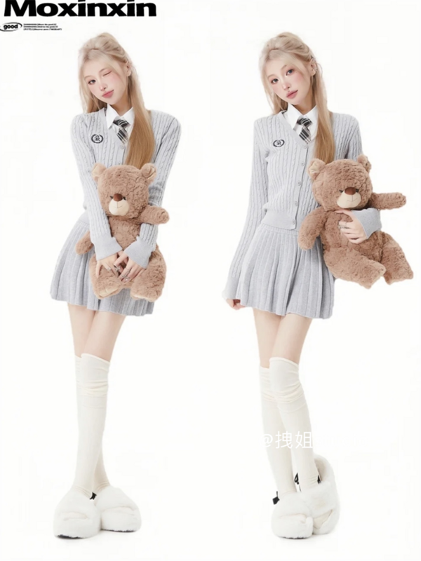 Japão Coréia Estilo Uniforme Escolar Menina Estilo Colégio de manga comprida Cinza Malha Cardigan Vestido Set Saia Plissada Terno de duas peças Set