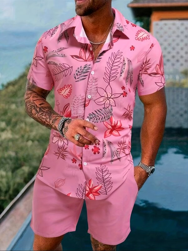 Camiseta e shorts masculinos de manga curta com botão, camisa polo casual estilo praia, roupa esportiva, 2 peças