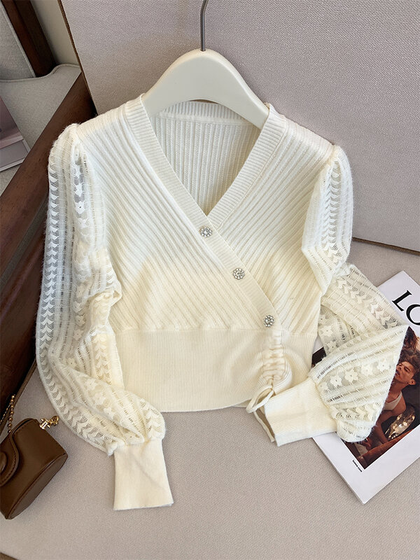 Kwiatowy sweter damski z wyciętymi rękawami wiosenny jesienny plisowany wełniany kaszmirowy pulower damski diamentowy guzik X425