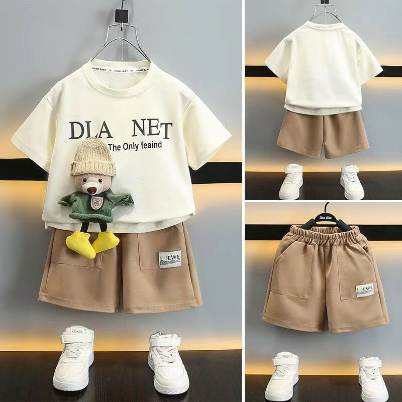 Boys Summer Set Short sleeved 2024 New Children's Spring and Autumn Sweater Cartoon Baby Fashionable Two Piece Set Kids Outfits