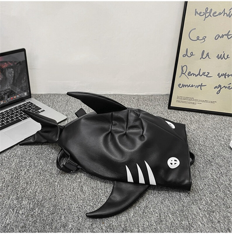 Fashion Cool Shark Backpack PU Leather Shoulder Bags for Women Men Rucksack Student Knapsack Travel