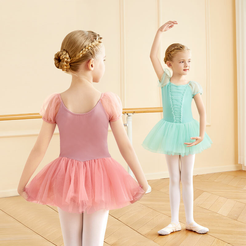 ชุดบัลเล่ต์เด็กหญิงชุดกระโปรงสั้นเดรสแขนสั้นพองสำหรับเด็กชุดเต้นบัลเล่ต์ชุดเดรสเต้นรำ