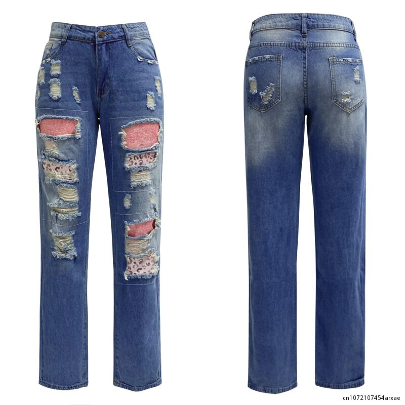 Patchwork calças jeans largas para mulheres, cintura alta, calças retas, streetwear, azul, vintage, namorado, meninas, moda feminina