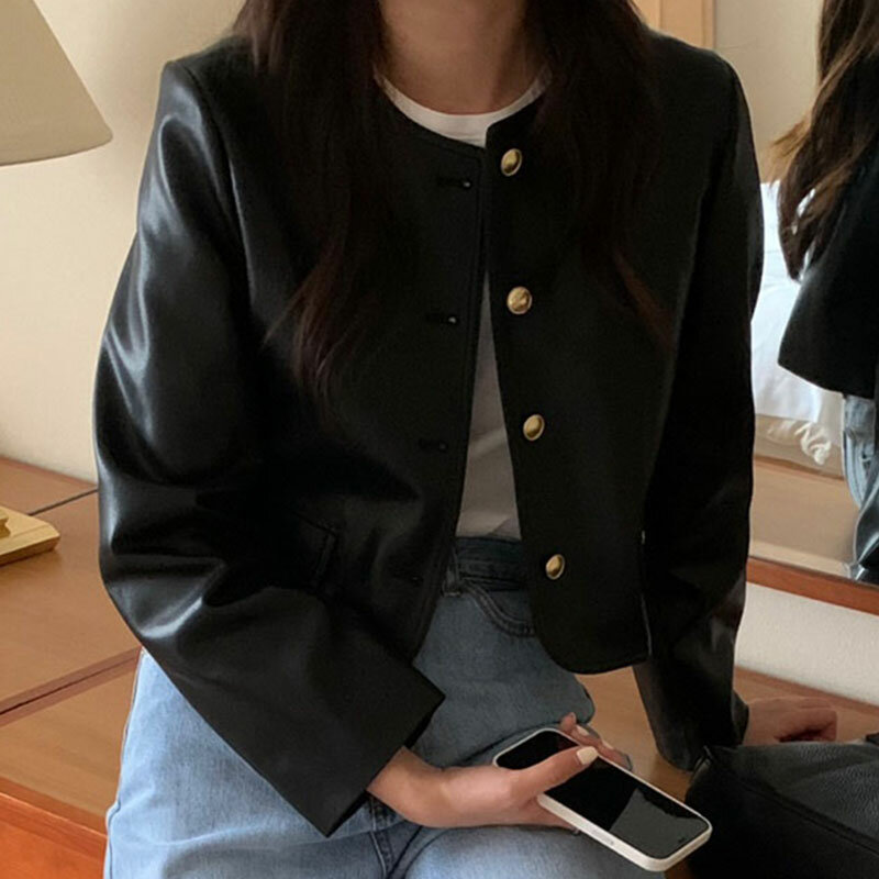 Coreano Chic Vintage O collo giacche in pelle donna monopetto allentato manica lunga cappotto corto Streetwear primavera capispalla Casual