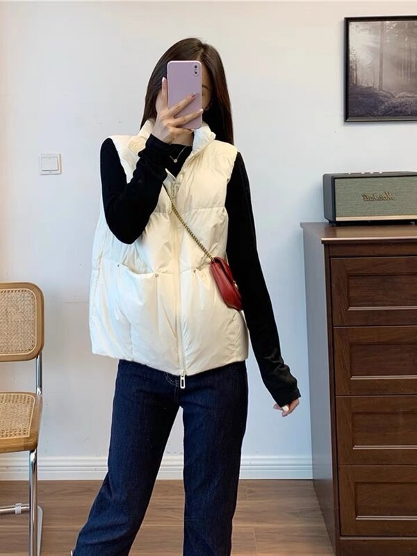 Dames Mouwloos Donzen Liner Vest 2023 Nieuwkomers Dames Kantoor Koreaanse Slanke Pasvorm White Down Warm Vest Mode