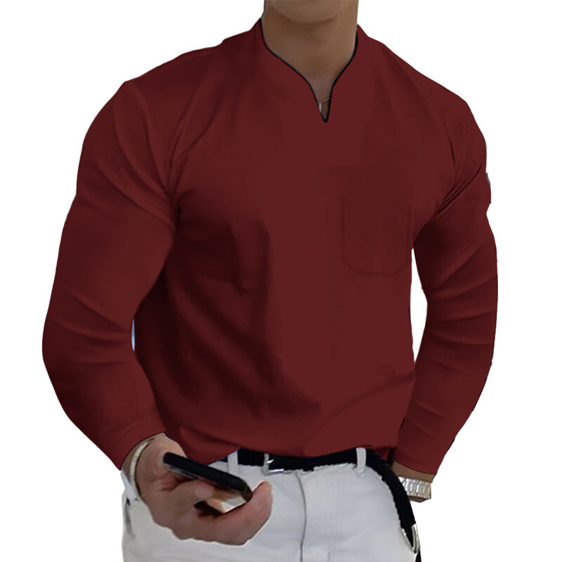 Мужская деловая рубашка с V-образным вырезом, с длинным рукавом