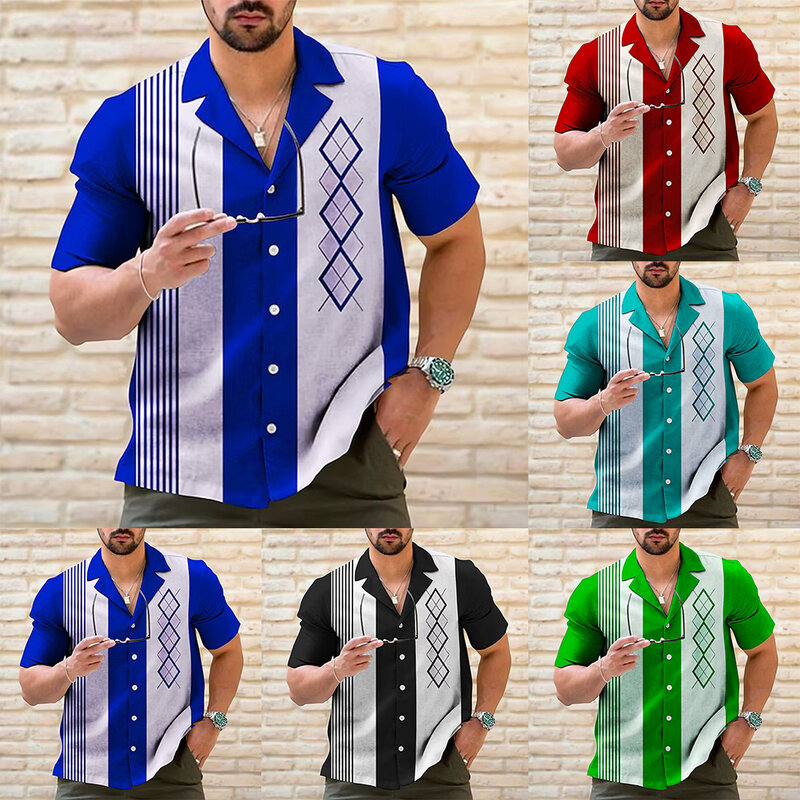 男性のカジュアルな蝶ネクタイシャツ、レトロなストライプのデザイン、半袖ボタンダウン、カジュアルウェアとソーシャルメディアの品に最適