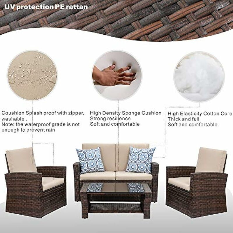 Quality Outdoor Living,Outdoor Patio Furniture Sets,4 Piece Conversation Set Wicker Ratten Sectional Sofa with Seat Cushions