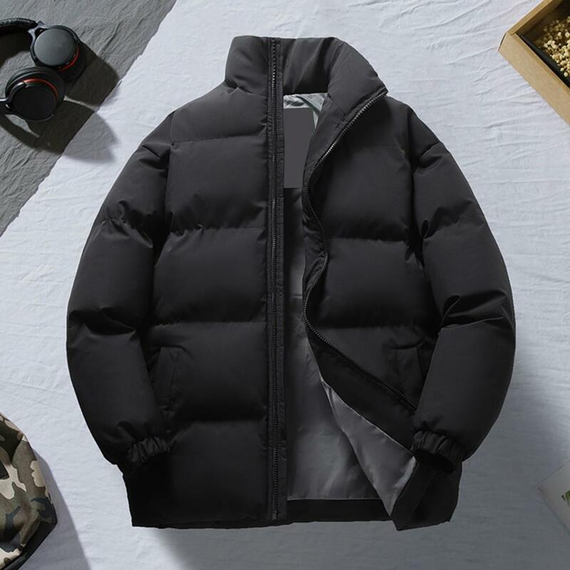 Solid Color Jacket Winter Men's Down Coat Thickened Windproof Warm with Stand Collar Zipper Closure Stand-up Collar Jacket