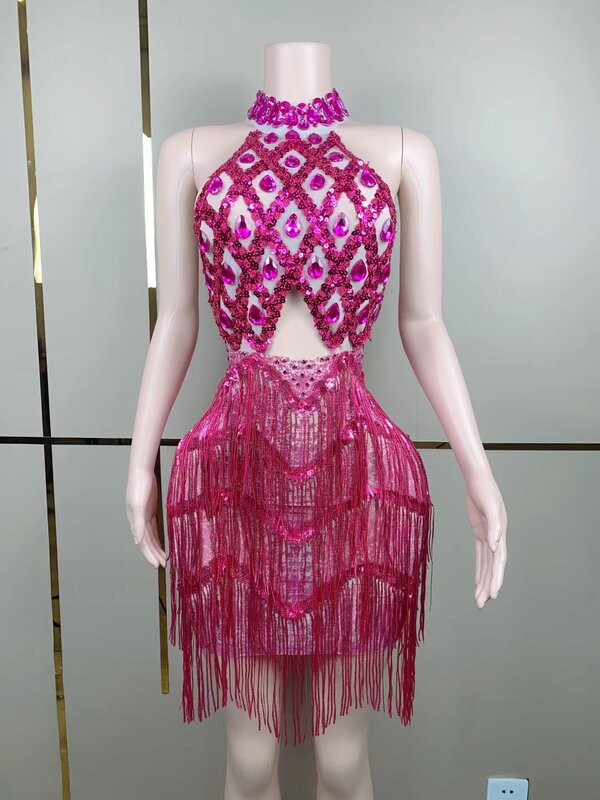 Сексуальное прозрачное женское платье на день рождения, роскошное блестящее розово-красное платье с кристаллами, Черное короткое платье для выпускного вечера с бахромой Sanjiao